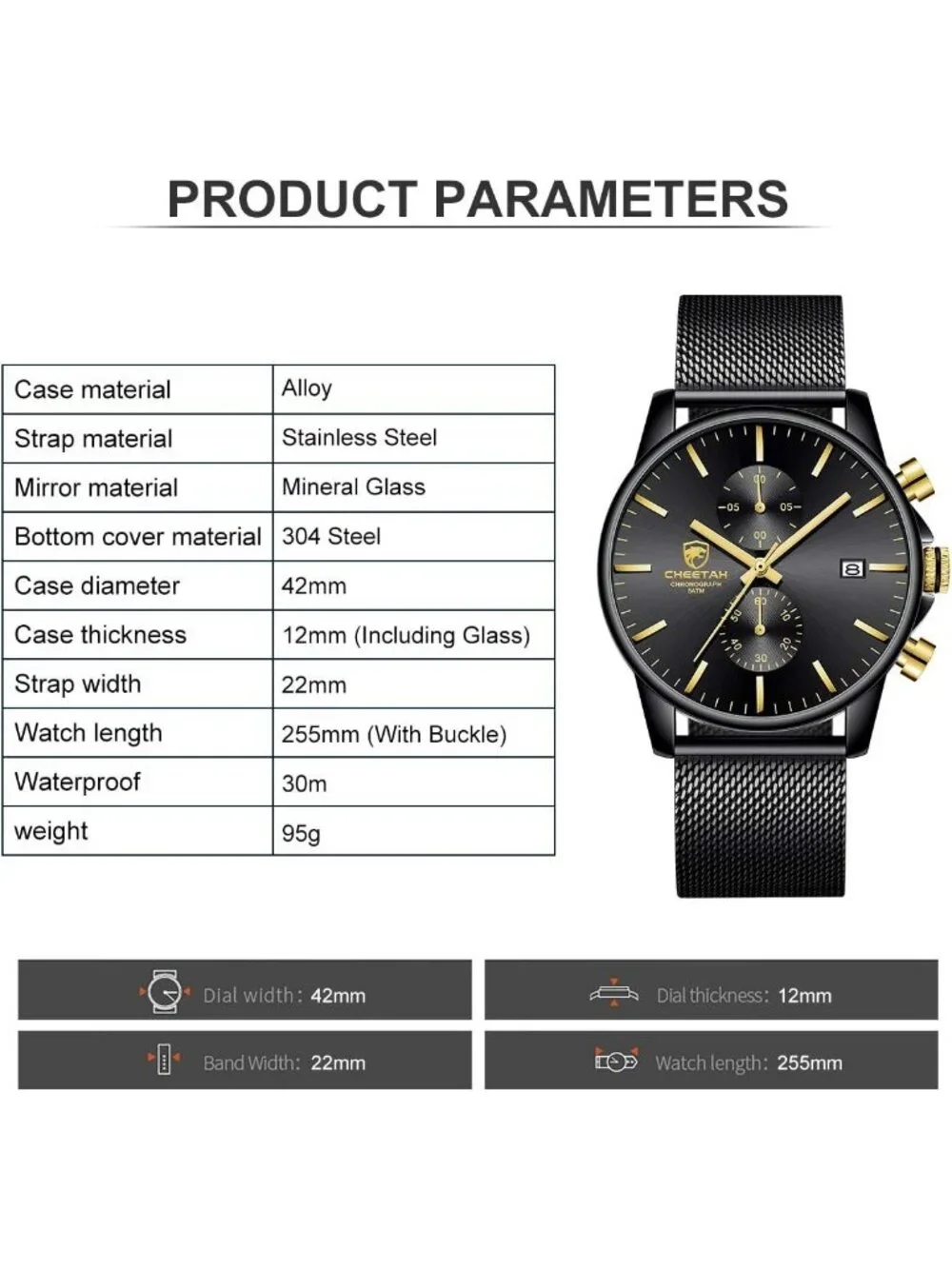 Men's New Gold Black Stainless Steel Minimalist Quartz Analog Chronograph Watch